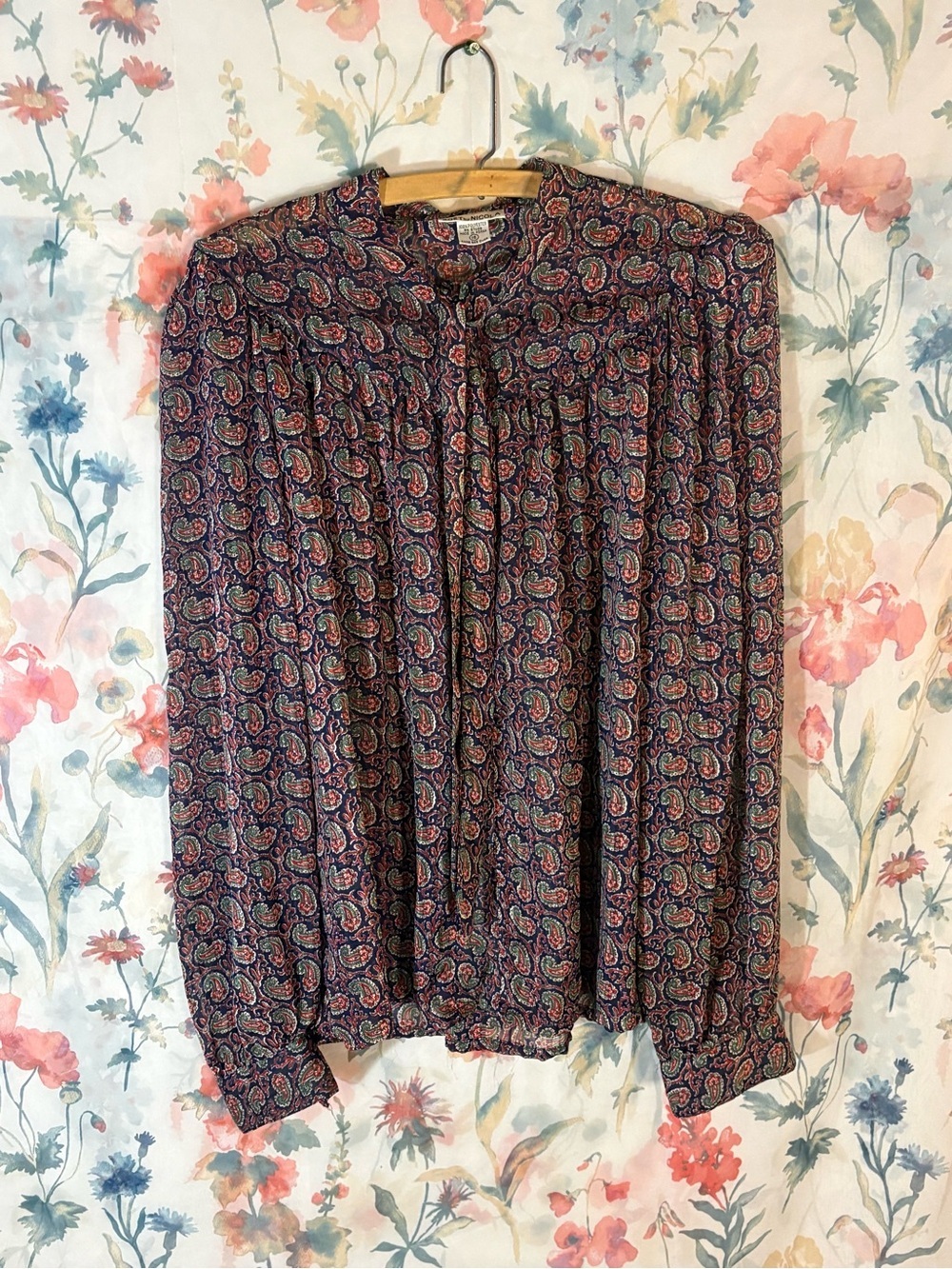 Vintage Paisley Tie-Neck Long Sleeve Blouse - Navy Multi